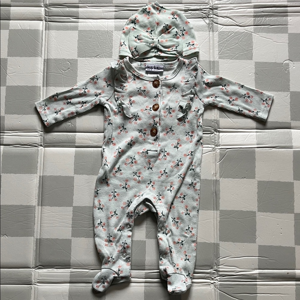 Nicole Miller New York Floral Footie and Hat Set - Mint & Coral